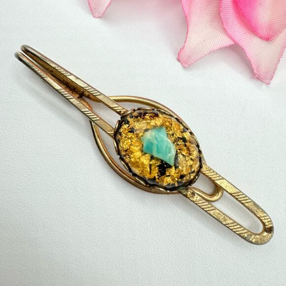 Vintage Gold Flake Turquoise Chip Tie Clip Unique Southwestern Retro Unsigned - Picture 1 of 11